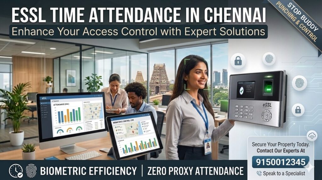 ESSL biometric time attendance system in Chennai office with fingerprint scanner and attendance dashboard