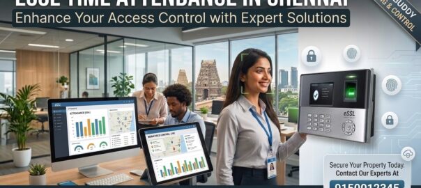 ESSL biometric time attendance system in Chennai office with fingerprint scanner and attendance dashboard