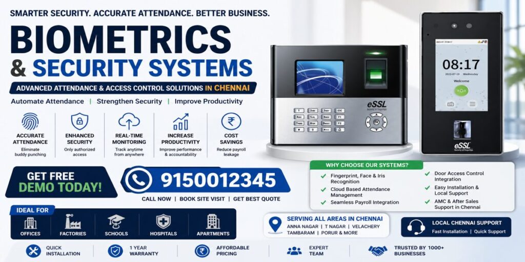 Biometrics and security systems banner with fingerprint and face recognition devices, Chennai business solutions, call 9150012345.