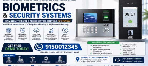 Biometrics and security systems banner with fingerprint and face recognition devices, Chennai business solutions, call 9150012345.