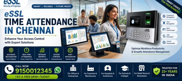 ESSL biometric time attendance system in Chennai office with fingerprint scanner and attendance dashboard