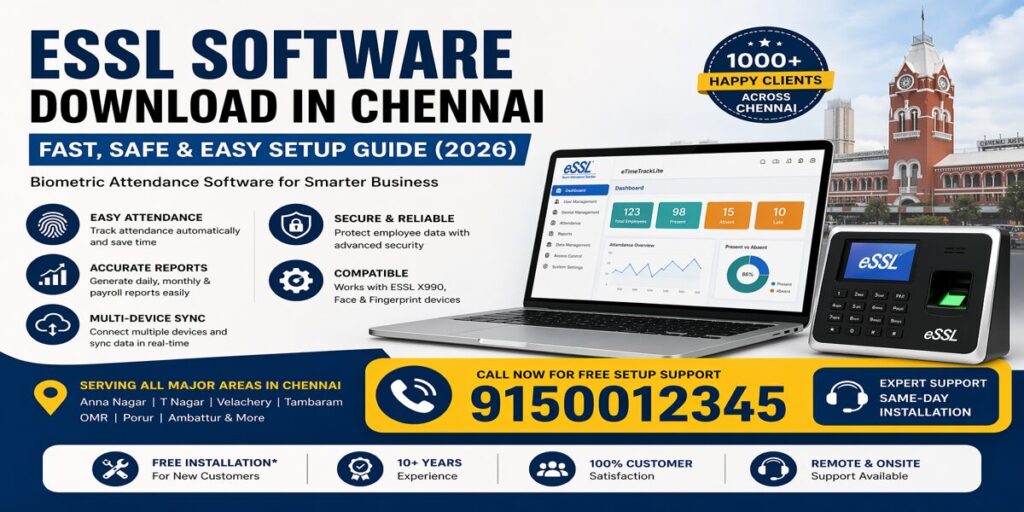 ESSL software download Chennai banner with biometric attendance system, dashboard interface