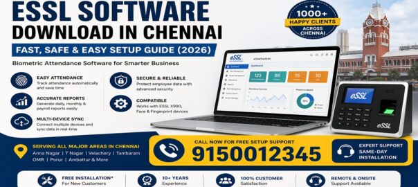 ESSL software download Chennai banner with biometric attendance system, dashboard interface