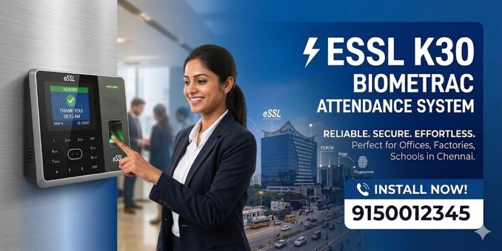 ESSL K30 biometric attendance system with fingerprint scanning in a modern office in Chennai