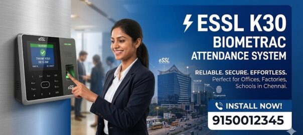 ESSL K30 biometric attendance system with fingerprint scanning in a modern office in Chennai