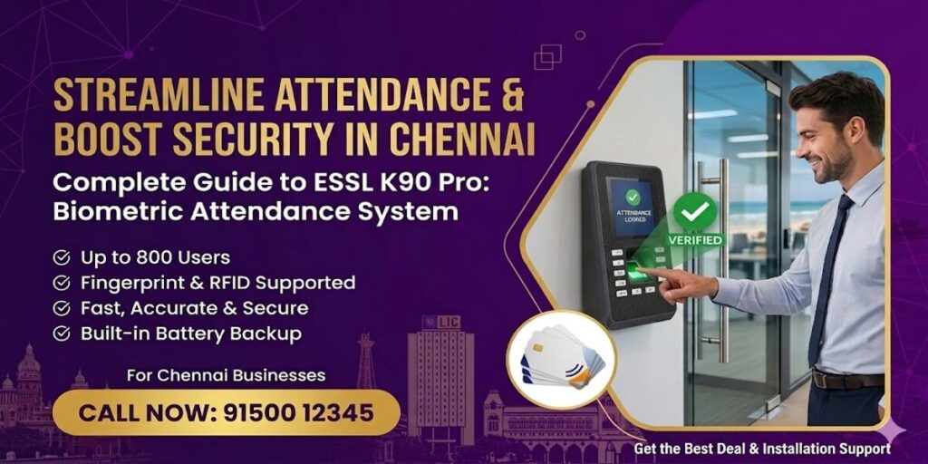 ESSL K90 Pro biometric attendance system banner with fingerprint access, features
