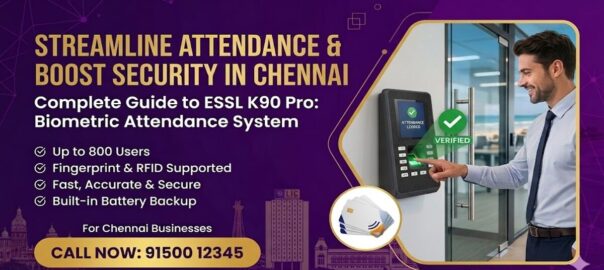 ESSL K90 Pro biometric attendance system banner with fingerprint access, features