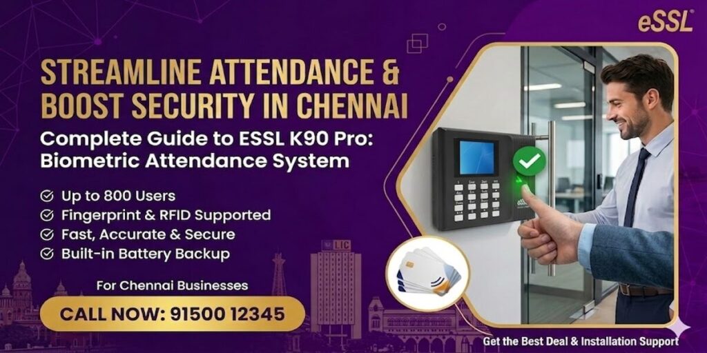 ESSL K90 Pro biometric attendance system banner with fingerprint access, features
