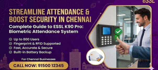 ESSL K90 Pro biometric attendance system banner with fingerprint access, features