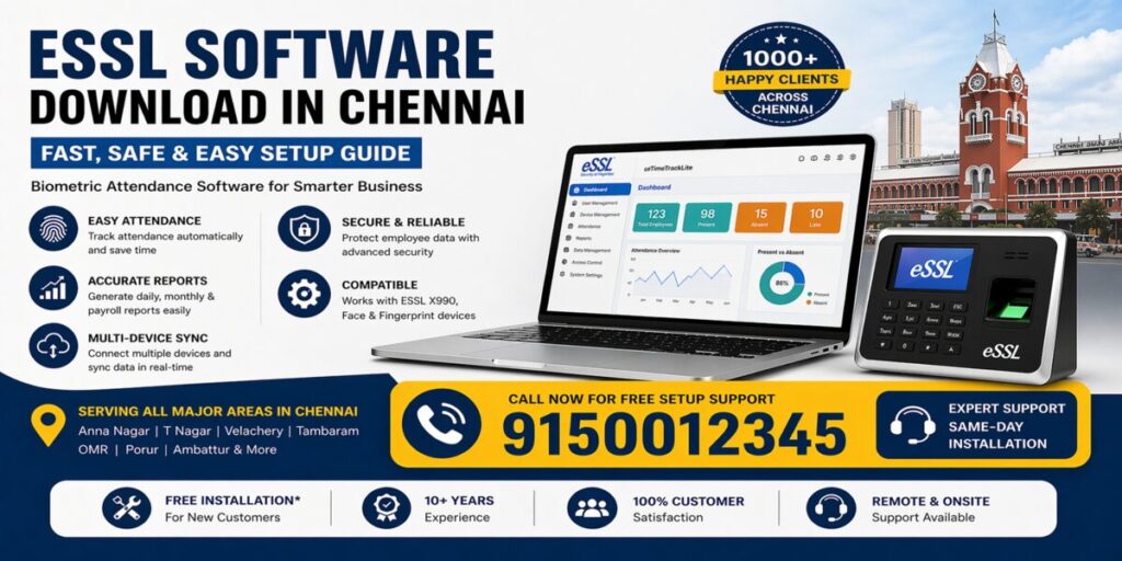 ESSL software download Chennai banner with biometric attendance system, dashboard interface