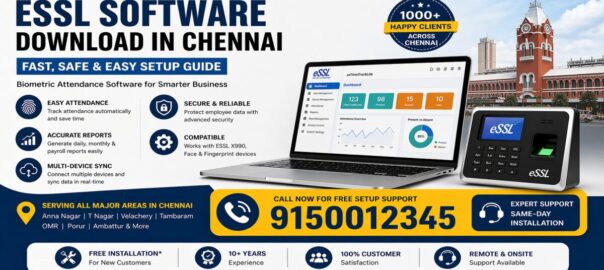 ESSL software download Chennai banner with biometric attendance system, dashboard interface