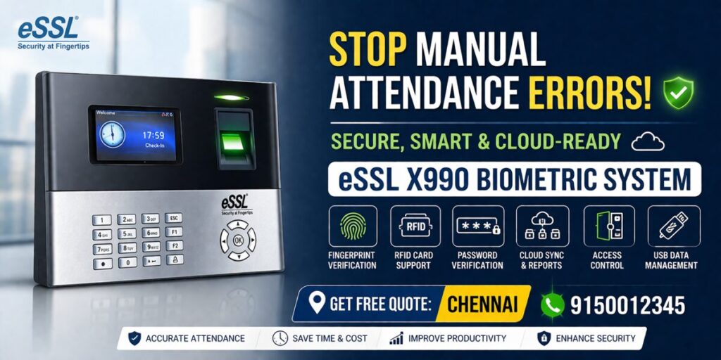 ESSL X990 biometric fingerprint attendance system with cloud sync and RFID features, showing successful user authentication.