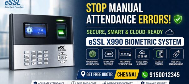 ESSL X990 biometric fingerprint attendance system with cloud sync and RFID features, showing successful user authentication.