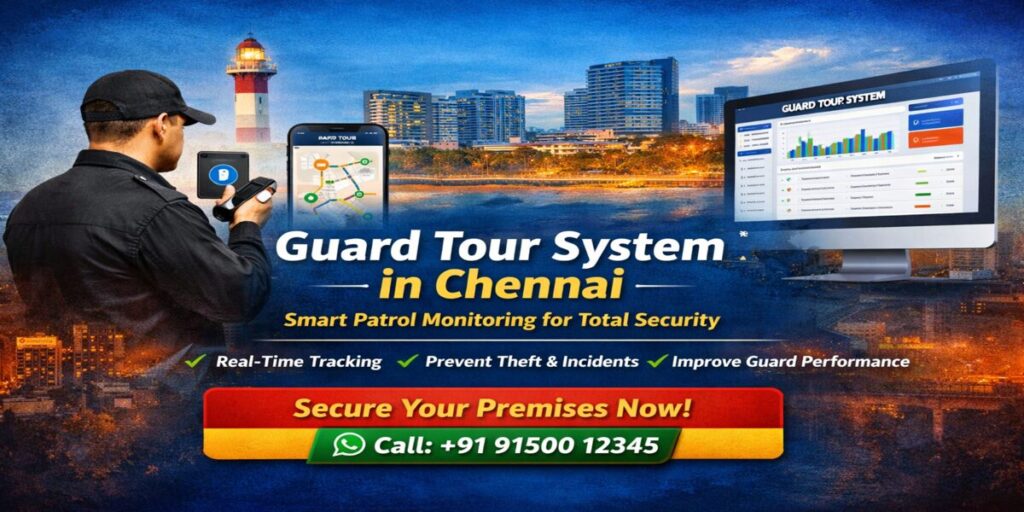 Guard Tour System Chennai with security guard scanning RFID checkpoint and real-time patrol monitoring dashboard