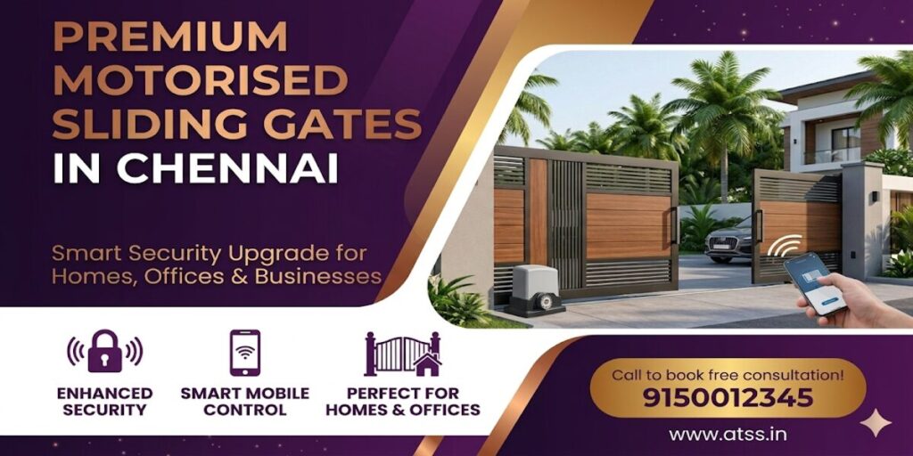 Motorised sliding gate in Chennai with smart automation and remote control access for homes and offices