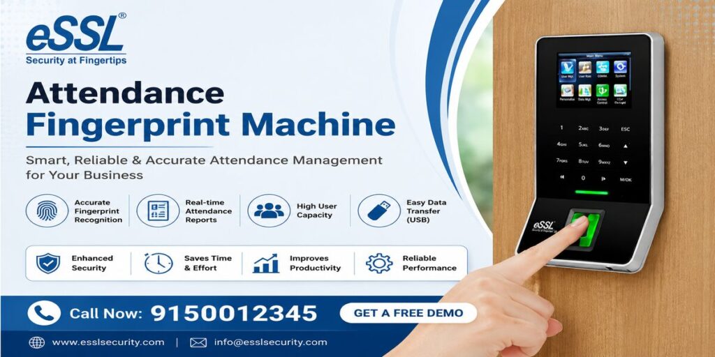 Attendance Fingerprint Machine banner with biometric fingerprint scanner, smart workforce management features, Chennai service areas, and CTA number 91500 12345 in pink green violet background