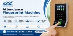 Attendance Fingerprint Machine banner with biometric fingerprint scanner, smart workforce management features, Chennai service areas, and CTA number 91500 12345 in pink green violet background