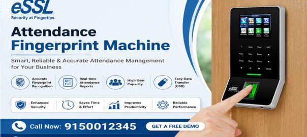 Attendance Fingerprint Machine banner with biometric fingerprint scanner, smart workforce management features, Chennai service areas, and CTA number 91500 12345 in pink green violet background