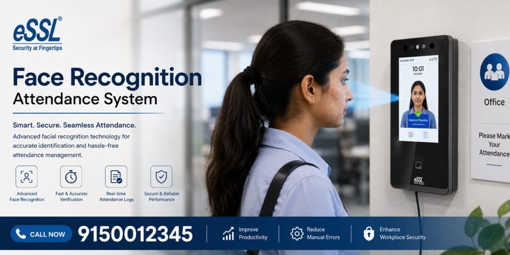 Face Recognition Attendance System banner in Chennai with AI biometric attendance machine, touchless face scan technology, cloud attendance features, and CTA 91500 12345.