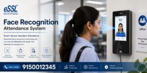 Face Recognition Attendance System banner in Chennai with AI biometric attendance machine, touchless face scan technology, cloud attendance features, and CTA 91500 12345.