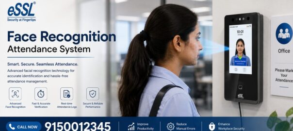 Face Recognition Attendance System banner in Chennai with AI biometric attendance machine, touchless face scan technology, cloud attendance features, and CTA 91500 12345.