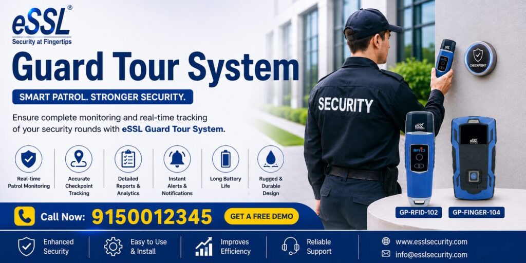 Guard Tour System Chennai with security guard scanning RFID checkpoint and real-time patrol monitoring dashboard