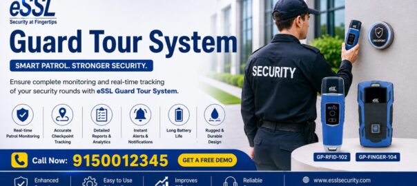 Guard Tour System Chennai with security guard scanning RFID checkpoint and real-time patrol monitoring dashboard