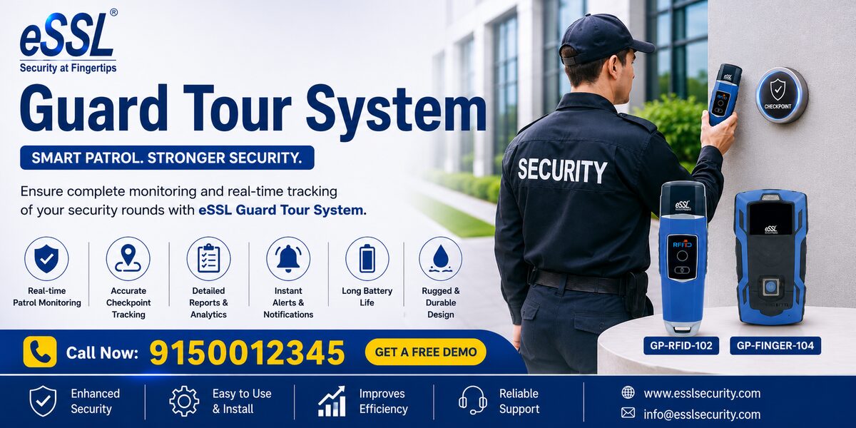 Guard Tour System Chennai with security guard scanning RFID checkpoint and real-time patrol monitoring dashboard