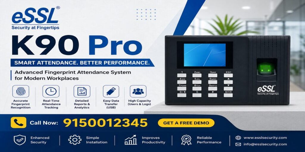 ESSL K90 Pro biometric attendance system banner with fingerprint access, features