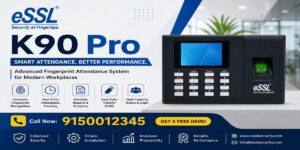 ESSL K90 Pro biometric attendance system banner with fingerprint access, features