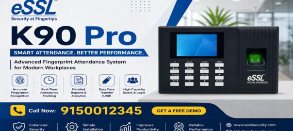 ESSL K90 Pro biometric attendance system banner with fingerprint access, features
