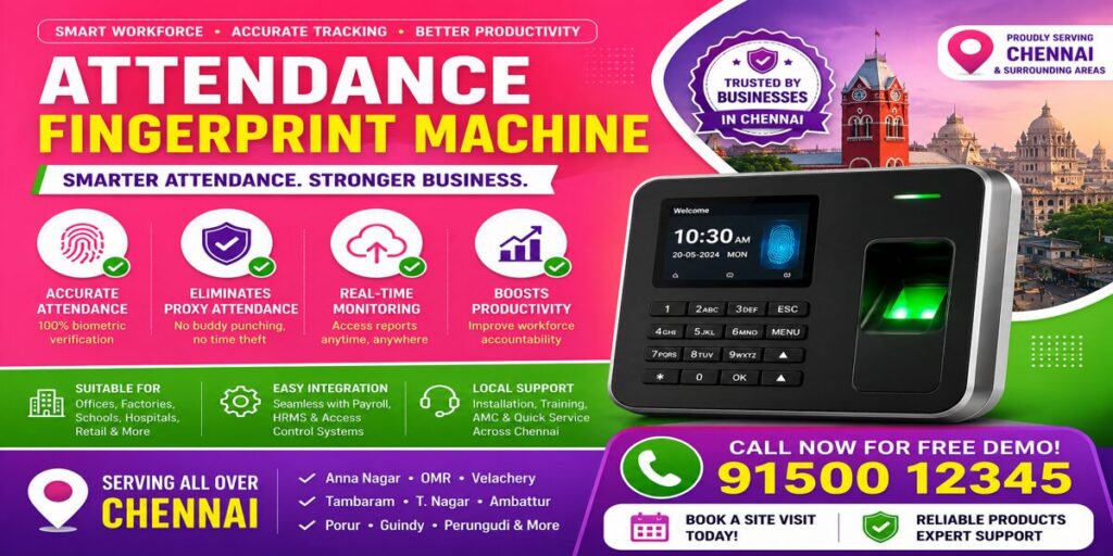 Attendance Fingerprint Machine banner with biometric fingerprint scanner, smart workforce management features, Chennai service areas, and CTA number 91500 12345 in pink green violet background.