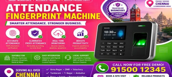 Attendance Fingerprint Machine banner with biometric fingerprint scanner, smart workforce management features, Chennai service areas, and CTA number 91500 12345 in pink green violet background.