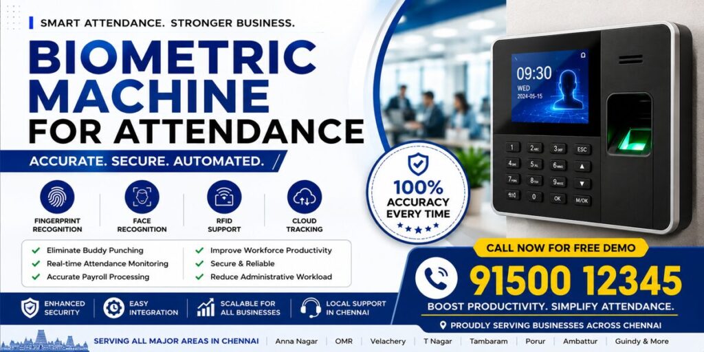 Biometric machine for attendance banner showing fingerprint and face recognition attendance system with RFID support, cloud tracking, and CTA 91500 12345 for Chennai businesses.
