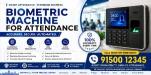 Biometric machine for attendance banner showing fingerprint and face recognition attendance system with RFID support, cloud tracking, and CTA 91500 12345 for Chennai businesses.