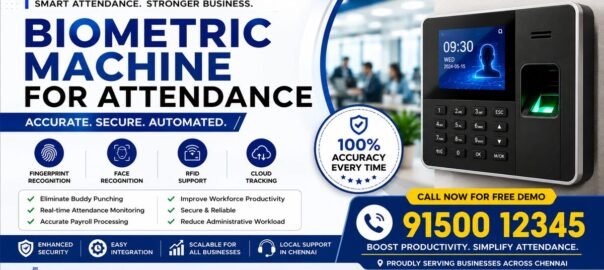 Biometric machine for attendance banner showing fingerprint and face recognition attendance system with RFID support, cloud tracking, and CTA 91500 12345 for Chennai businesses.