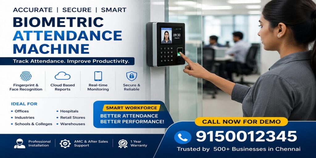 Employee using a biometric attendance machine with face recognition and fingerprint scanning in a modern Chennai office environment.