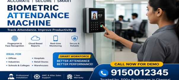 Employee using a biometric attendance machine with face recognition and fingerprint scanning in a modern Chennai office environment.