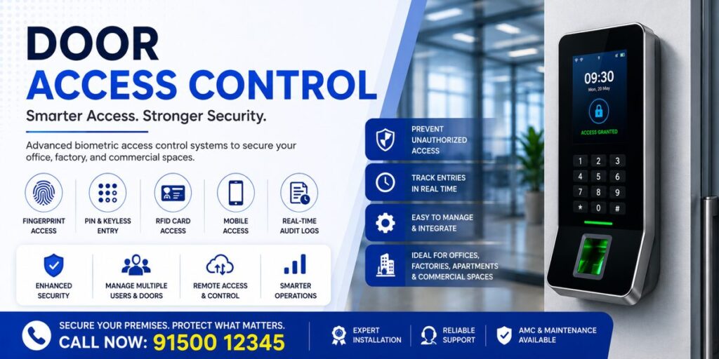 Modern blue-and-white promotional banner for a biometric door access control system featuring a smart fingerprint access device mounted beside a glass office door