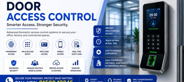 Modern blue-and-white promotional banner for a biometric door access control system featuring a smart fingerprint access device mounted beside a glass office door