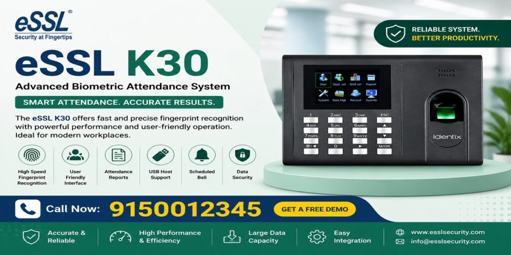 ESSL K30 biometric attendance system with fingerprint scanning in a modern office in Chennai