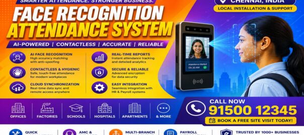 Face Recognition Attendance System banner in Chennai with AI biometric attendance machine, touchless face scan technology, cloud attendance features, and CTA 91500 12345.