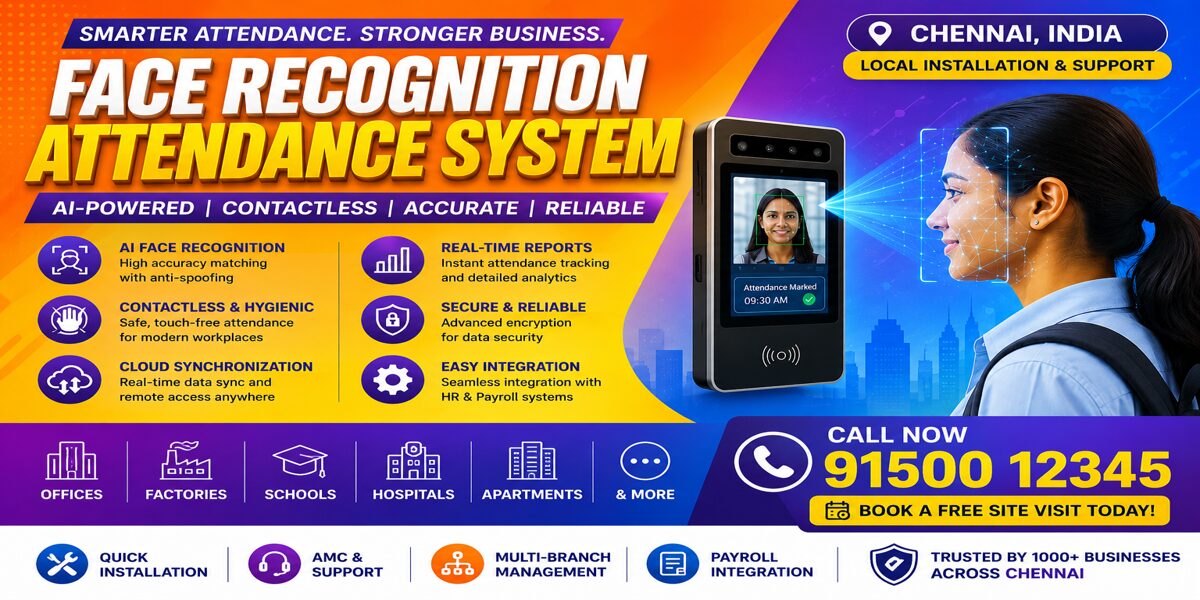 Face Recognition Attendance System banner in Chennai with AI biometric attendance machine, touchless face scan technology, cloud attendance features, and CTA 91500 12345.
