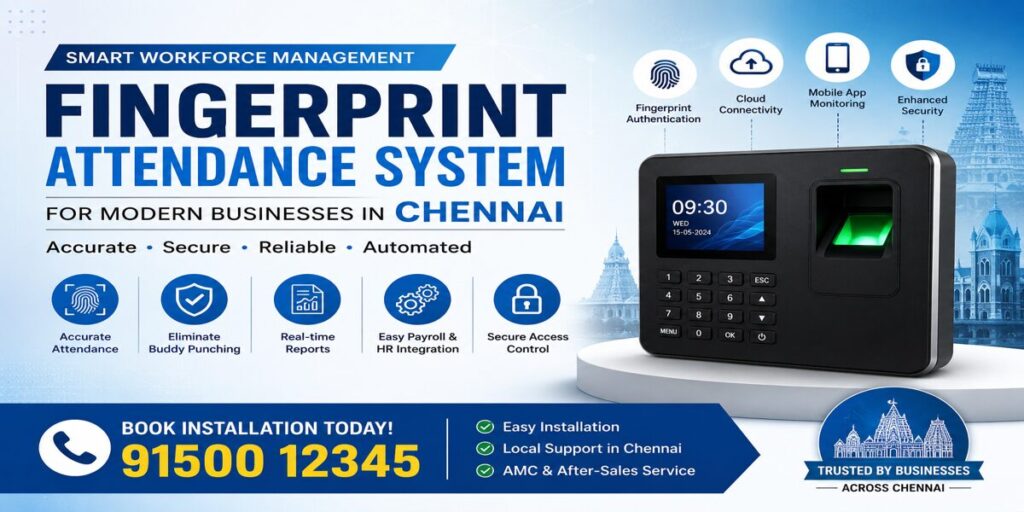 Fingerprint Attendance System banner for Chennai businesses featuring biometric attendance device, workforce management features, and CTA contact number 91500 12345.