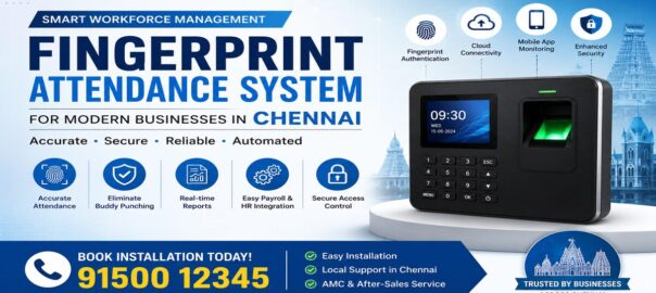 Fingerprint Attendance System banner for Chennai businesses featuring biometric attendance device, workforce management features, and CTA contact number 91500 12345.