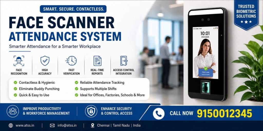 Face scanner attendance system for offices and factories