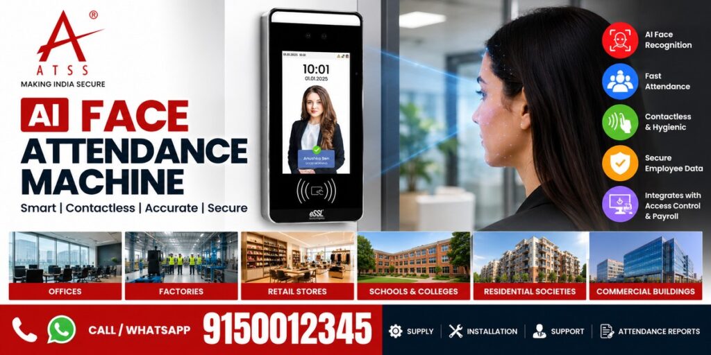 ATSS AI face attendance machine with eSSL facial recognition, contactless employee attendance, and access control integration.